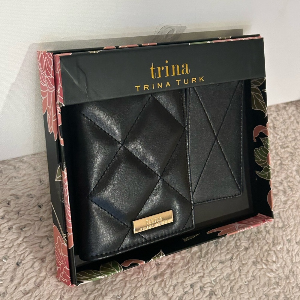 Trina Turk Black Quilted Passport Holder Luggage Tag Set - Picture 7 of 13